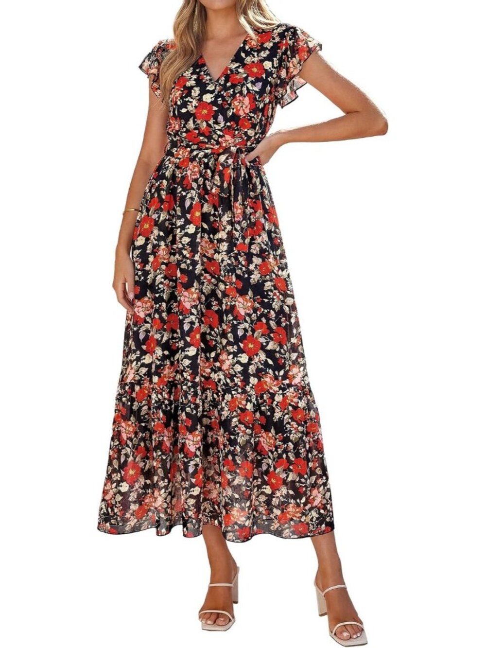 Women's Black Red Floral V Neck Casual Short Sleeve Outfits Pull On Maxi Dresses